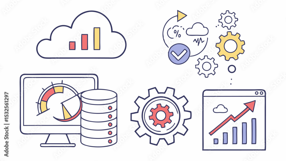 Poster illustration of cloud computing and data analysis with gears and performance graphs showing growth a