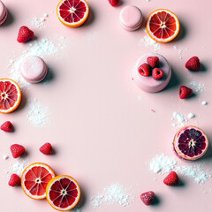 Pink background with blood orange and raspberry dessert composition
