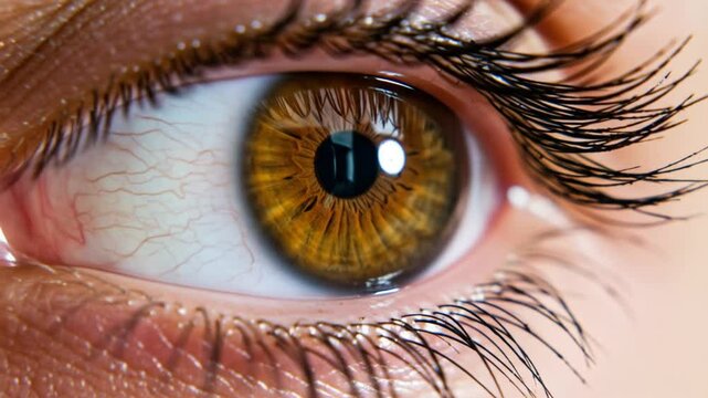 Detailed close up view of a human eye with intricate brown iris and eyelashes