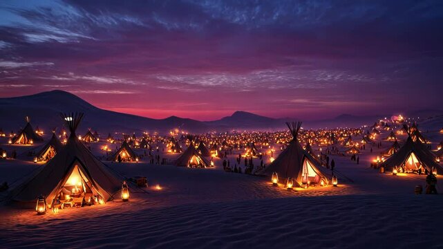 Magical desert night scene with illuminated teepees under a vibrant sunset sky.