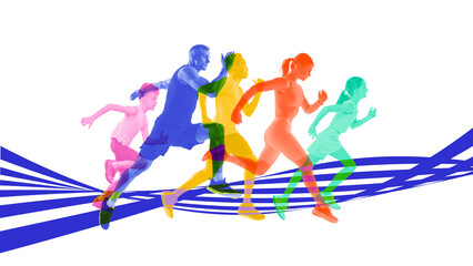 Contemporary art collage. Multigenerational runners in colorful overlays sprint forward together on blue lines, symbolizing unity through sport. Motion effect. Concept of sport, active lifestyle