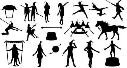 Circus silhouettes set, large pack of vector silhouette design, isolated white background
