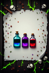 Magic potion bottles on spooky Halloween paper