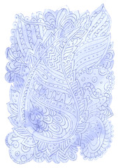 monochrome abstract doodle watercolor painting. isolated watercolour blue arabesque. ethnic handmade ornament