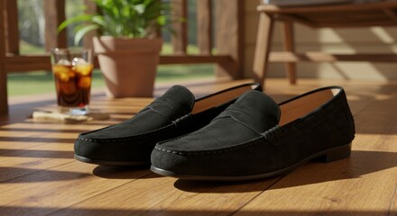 Stylish black suede loafers on a wooden porch