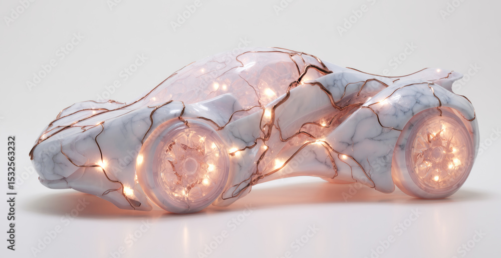 Poster A bioengineer showcases an intricate car model made from artificial biotissue illuminated with lights.