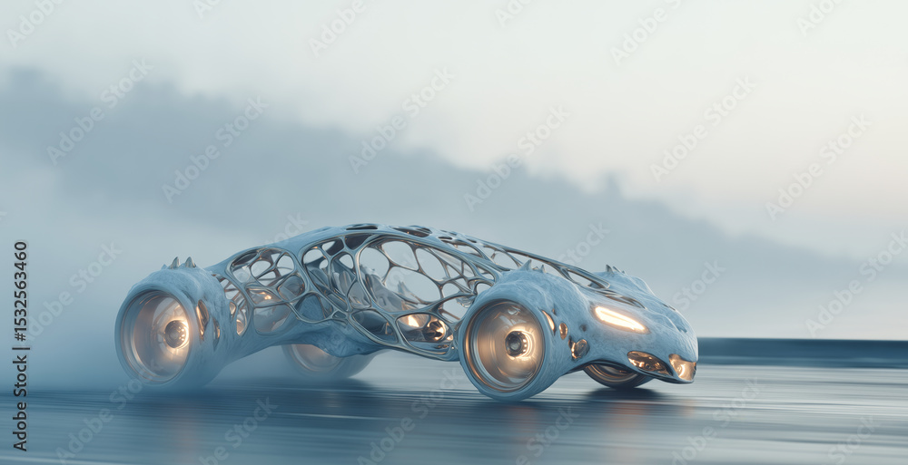 Poster A bioengineered vehicle powered by artificial biotissue is shown navigating a smooth, misty surface. This design showcases advanced muscular movements and bioengineering concepts in action.
