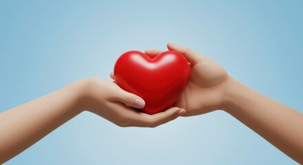 Obraz premium Two hands gently hold a vibrant red heart against a soft blue backdrop. A symbol of care and affection