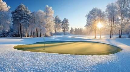 A snowy golf course with frost-covered trees under a clear blue sky, illuminated by the bright sunrise.
