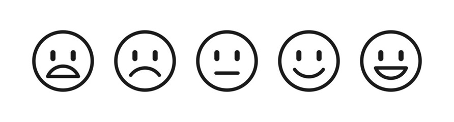 Feedback rating emoticon black line icons set. Isolated emoji face expression review symbol on white background. Customer service satisfaction sign concept : angry, neutral, happy. Vector illustration