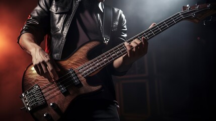 Obraz premium A photo of a musician playing a modern electric bass guitar