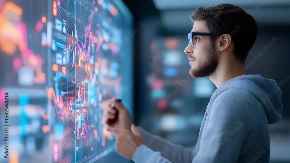 Poster young man analyzing digital stock market data and financial graphs on transparent screen for busines