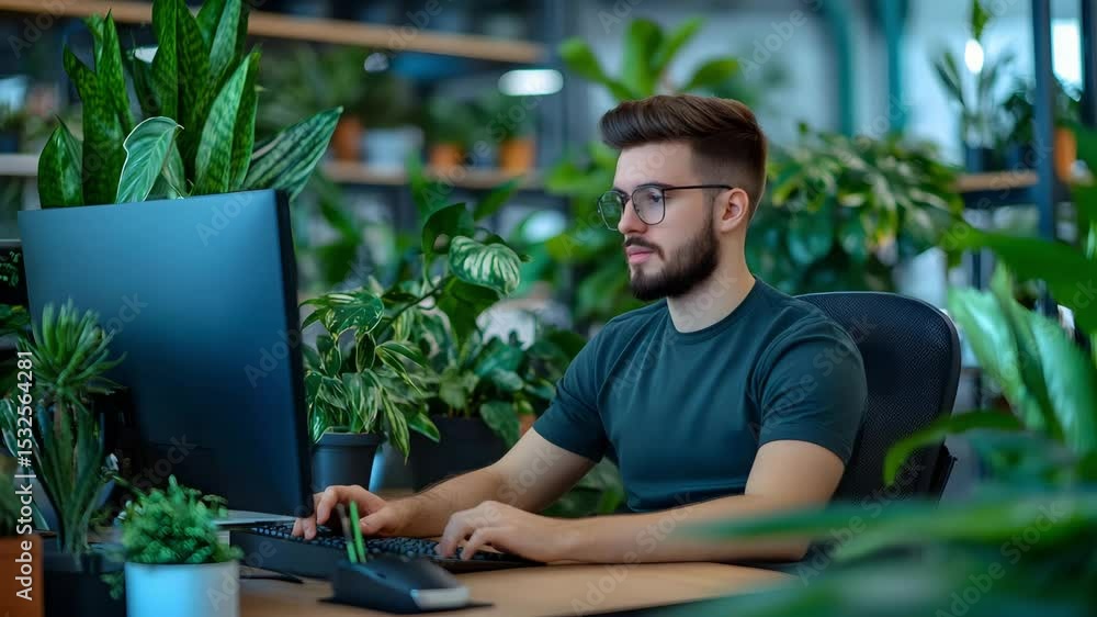 Aufkleber young man working on computer at desk in modern office workspace with green plants and technology cr