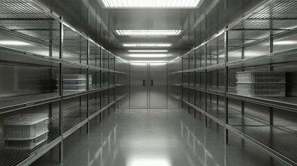 A clean, empty stainless steel storage room with metal shelving units and fluorescent ceiling lights, reflecting off the shiny floor and walls.