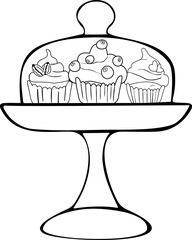 Serving plate for sweet desserts, cake tray. Tray with cupcakes with cap. Three muffins: berry, nuts and chocolate. vector illustration, isolated on white background.