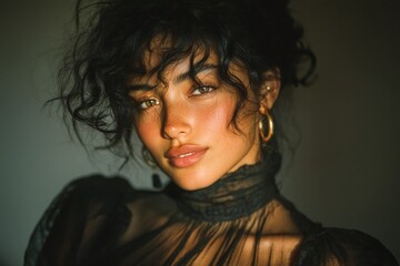 Portrait of a Young Woman with Curly Hair in Sheer Black Fashion Outfit 