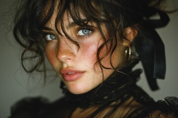 Portrait of a Young Woman with Curly Hair in Sheer Black Fashion Outfit 