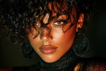 Portrait of a Young Woman with Curly Hair in Sheer Black Fashion Outfit 