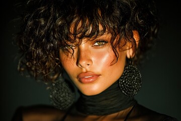Portrait of a Young Woman with Curly Hair in Sheer Black Fashion Outfit 