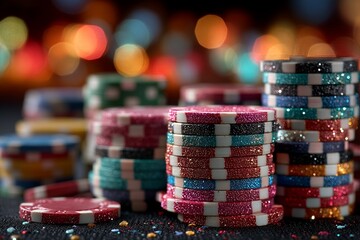 Colorful Festive Poker Chips Background for Casino Game Night with Vibrant Christmas Lights Decor 