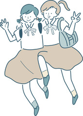 女子中学生たちのシンプルな線画のベクターイラスト