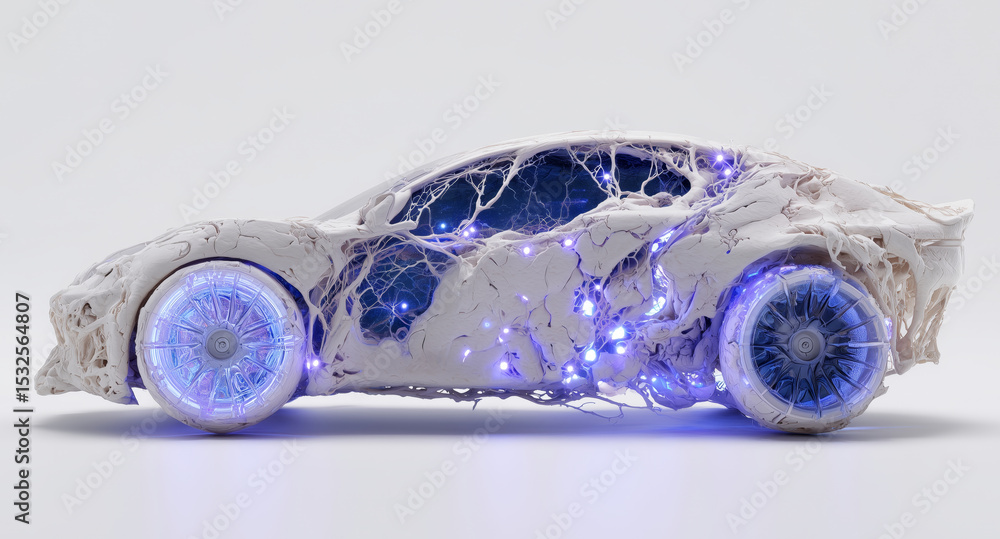 Aufkleber A bioengineer presents a unique car model made from biotissue and artificial materials. The model features glowing elements and a detailed structure that highlights advanced bioprinting techniques.