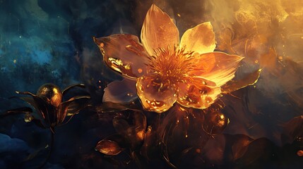 Beautiful flowers created with painted paints and gold leaf, ultra-realistic and highly detailed. Surreal, fantastical, cinematic feel. Harmonious color palette and magical composition.