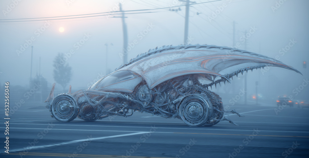Poster A bioengineer presents a unique vehicle designed with muscular biotissue, displaying impressive movement capabilities. The vehicle stands at an intersection, surrounded by a misty morning atmosphere.