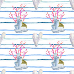 Watercolor seamless pattern with coral reef and sea anemones on sea stripes. Marine striped pattern, summer design. Ideal for summer textiles, wallpapers and beach themes.