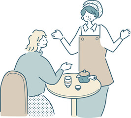 カフェで接客する人のシンプルな線画のベクターイラスト
