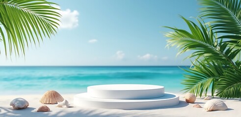 Obraz premium Beach podium display with palm fronds