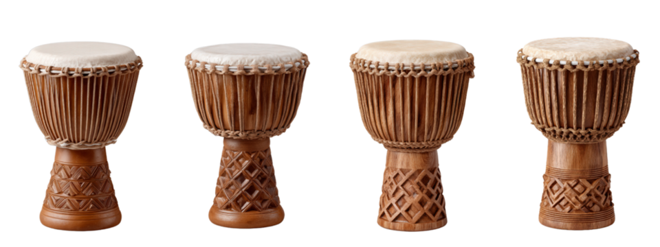 Four Traditional Handcrafted Drums on Display for Cultural Music
