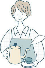 コーヒーをいれる人のシンプルな線画のベクターイラスト