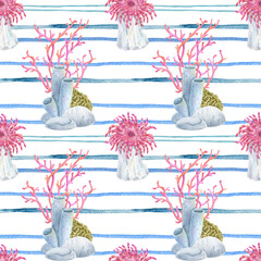 Watercolor seamless pattern with coral reef and sea anemones on sea stripes. Marine striped pattern, summer design. Ideal for summer textiles, wallpapers and beach themes.