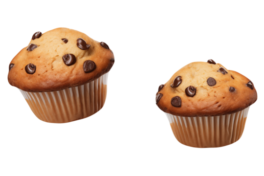 Levitation of two cupcakes with chocolate chips isolated on transparent background. - Powered by Adobe