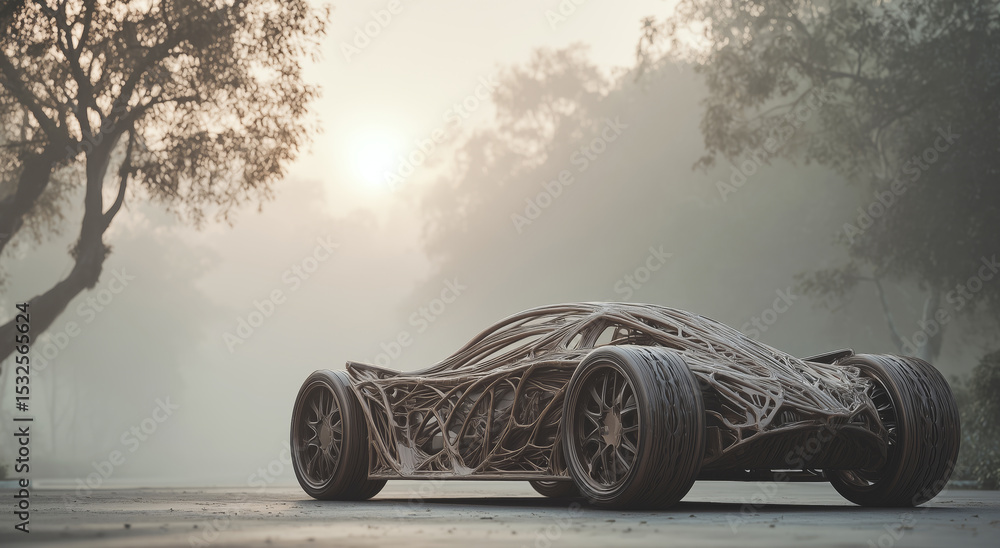 Aufkleber a bioengineered vehicle is showcased in a misty outdoor environment, highlighting its unique artific