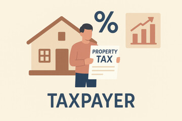 Property tax concept with taxpayer holding document, house icon, percentage symbol, and growth chart, illustrating financial responsibility and tax increase