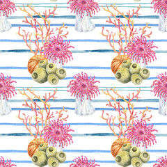 Watercolor seamless pattern with coral reef and sea anemones on sea stripes. Marine striped pattern, summer design. Ideal for summer textiles, wallpapers and beach themes.