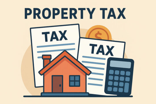 Property tax concept with house, tax documents, calculator, and coin symbolizing financial calculation and payment responsibility in simple flat design illustration