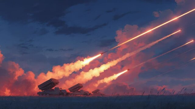 Multiple Launch Rocket System Firing Missiles at Dusk, Military Vehicles Launching Rockets, Modern Warfare, Digital Illustration, Beautiful Sky