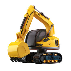 Detailed 3D icon of a compact simplified yellow excavator with a long arm and bucket mounted on black tracks against a clean white background