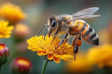 Honeybee on Yellow Daisy Petal Macro Closeup 