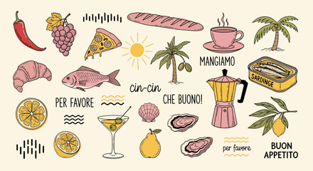 Italian Cuisine and Mediterranean Food Illustration for Menu Design and Recipe Card