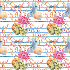 Watercolor seamless pattern with coral reef and sea anemones on sea stripes. Marine striped pattern, summer design. Ideal for summer textiles, wallpapers and beach themes.