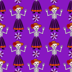 Seamless vector pattern featuring cheerful Calavera Catrina skeletons in vibrant purple dresses, orange hats adorned with red roses, and waving hands, set against a rich purple backdrop with purple...