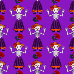 Seamless vector pattern featuring cheerful Day of the Dead skeletons in vibrant purple dresses, orange hats adorned with red roses, and waving hands against a rich purple background.