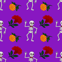 Seamless vector pattern featuring dancing skeletons with floral marigold and red flower accents on a vibrant purple background, perfect for Day of the Dead celebrations.