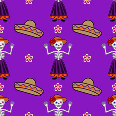 Seamless vector pattern featuring cheerful Calaveras in vibrant purple, orange, and beige, adorned with flowers and sombreros, ideal for Day of the Dead celebrations.