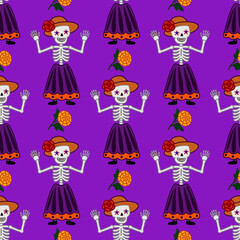 Seamless vector pattern featuring cheerful Calaveras Catrinas in vibrant purple, orange, and red hues, adorned with marigolds, celebrating Dia de los Muertos.