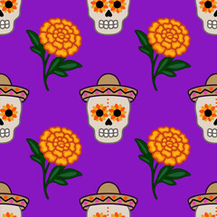 Festive Day of the Dead vector seamless pattern with sugar skulls wearing sombreros and vibrant marigold flowers on a rich purple background, perfect for holiday celebrations.
